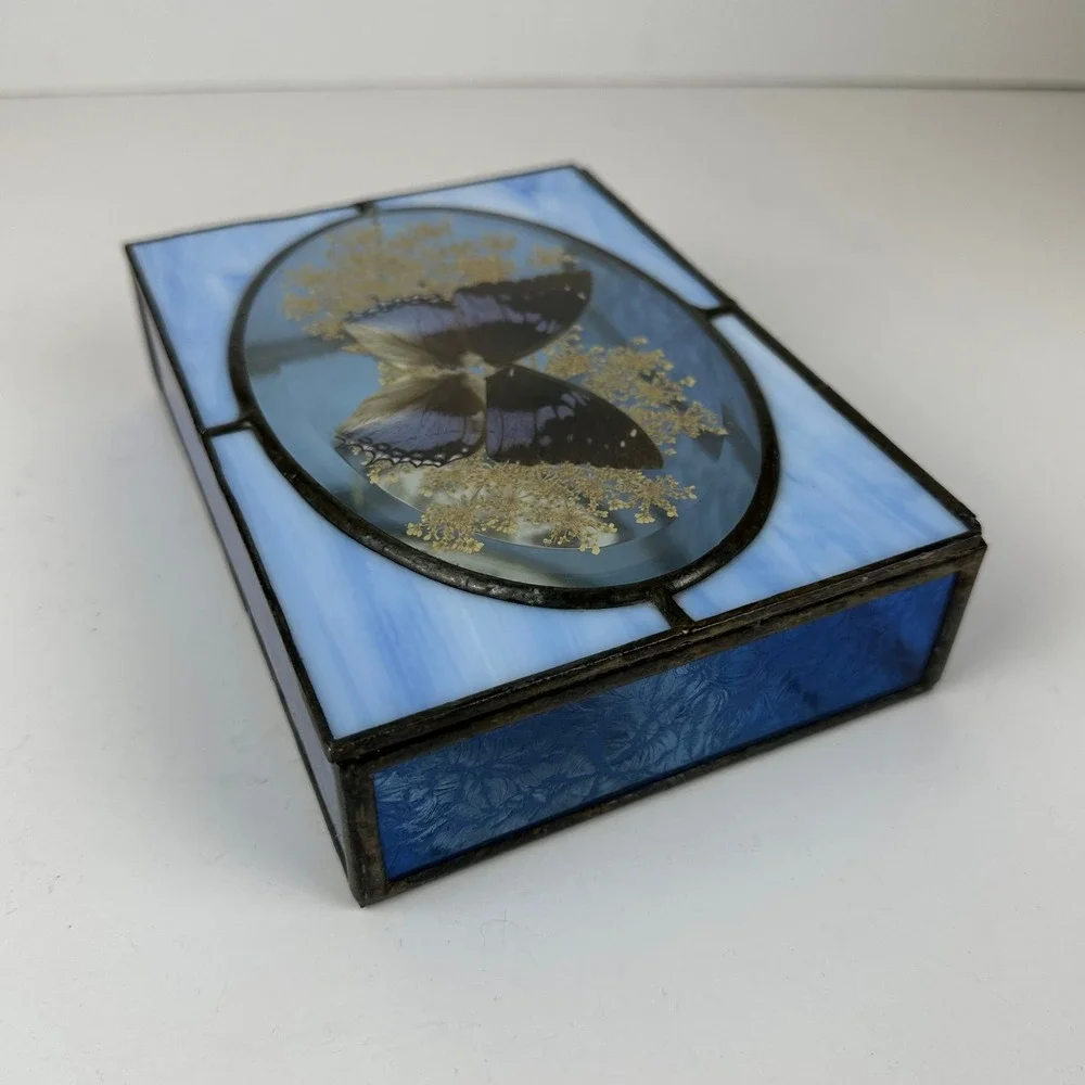 Vintage Stained Glass Hideaway Butterfly Trinket Box Blue Slag Glass Taxidermy